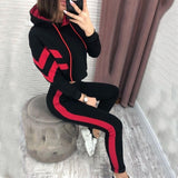 2019 Primavera Otoño Mujeres 2 piezas Conjuntos Raya Sudadera empalmada Hasta el tobillo Pantalones harén Chándales de gran tamaño Sudaderas con capucha Trajes