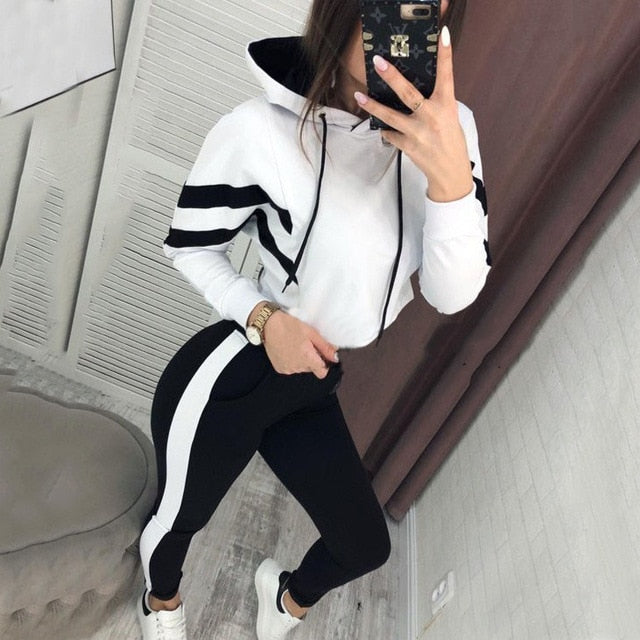 2019 Primavera Otoño Mujeres 2 piezas Conjuntos Raya Sudadera empalmada Hasta el tobillo Pantalones harén Chándales de gran tamaño Sudaderas con capucha Trajes