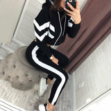 2019 Primavera Otoño Mujeres 2 piezas Conjuntos Raya Sudadera empalmada Hasta el tobillo Pantalones harén Chándales de gran tamaño Sudaderas con capucha Trajes
