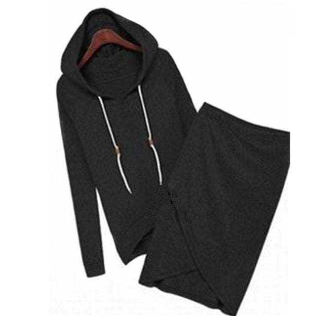 Oufisun Otoño Primavera Sólido de manga larga con capucha Mujeres Dos juegos Elegante Causal Cintura elástica Irregular Traje de mujer simple