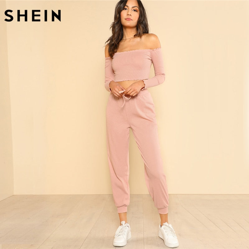 SHEIN Conjunto y pantalón de 2 piezas para mujer Conjunto informal para mujer Fuera del hombro Conjunto de pantalón y top con cuello bardot corto