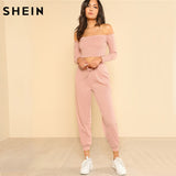 SHEIN Conjunto y pantalón de 2 piezas para mujer Conjunto informal para mujer Fuera del hombro Conjunto de pantalón y top con cuello bardot corto