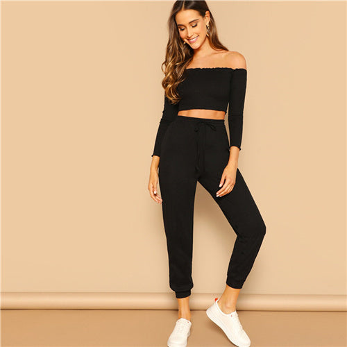 SHEIN Conjunto y pantalón de 2 piezas para mujer Conjunto informal para mujer Fuera del hombro Conjunto de pantalón y top con cuello bardot corto