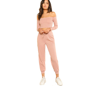 SHEIN Conjunto y pantalón de 2 piezas para mujer Conjunto informal para mujer Fuera del hombro Conjunto de pantalón y top con cuello bardot corto