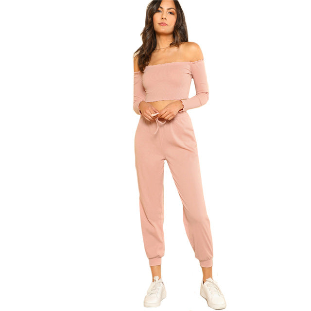 SHEIN Conjunto y pantalón de 2 piezas para mujer Conjunto informal para mujer Fuera del hombro Conjunto de pantalón y top con cuello bardot corto