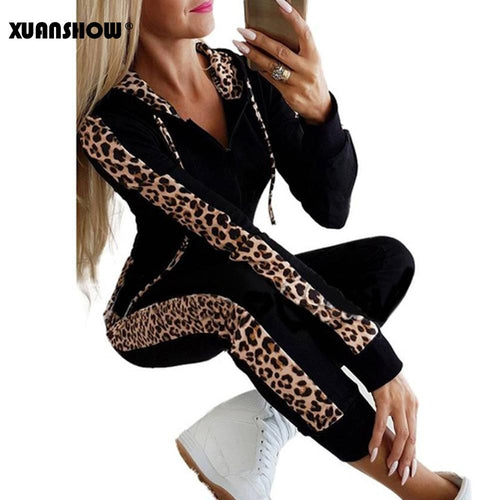 XUANSHOW otoño invierno moda chándal de las mujeres empalme Fleece Leopard abrigo con capucha Dos jugadas sudaderas largas traje de pantalones Imprimir