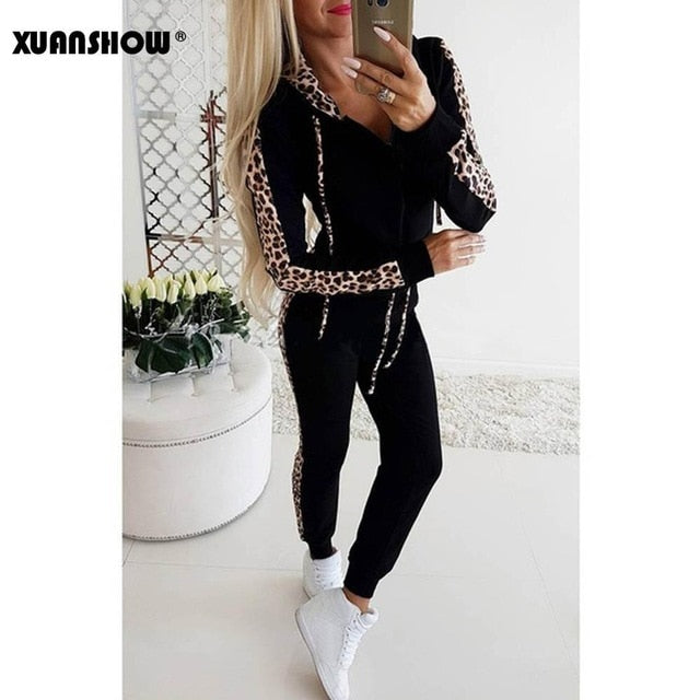 XUANSHOW otoño invierno moda chándal de las mujeres empalme Fleece Leopard abrigo con capucha Dos jugadas sudaderas largas traje de pantalones Imprimir