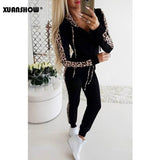 XUANSHOW otoño invierno moda chándal de las mujeres empalme Fleece Leopard abrigo con capucha Dos jugadas sudaderas largas traje de pantalones Imprimir