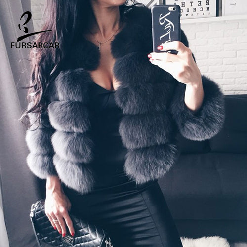 FURSARCAR 2019 Moda Abrigo gris oscuro Corto Abrigo de piel real Mujeres Abrigos de piel de zorro natural Invierno Nueve cuartos Mangas Ropa de abrigo