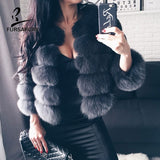 FURSARCAR 2019 Moda Abrigo gris oscuro Corto Abrigo de piel real Mujeres Abrigos de piel de zorro natural Invierno Nueve cuartos Mangas Ropa de abrigo