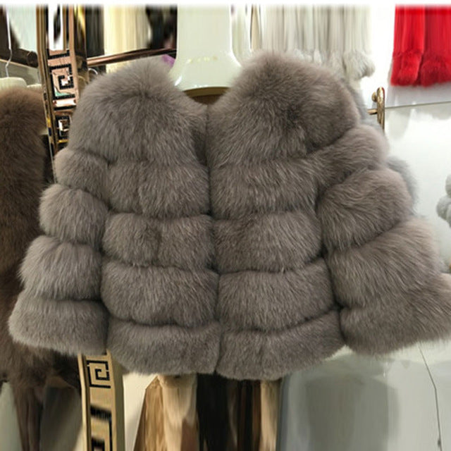 FURSARCAR 2019 Moda Abrigo gris oscuro Corto Abrigo de piel real Mujeres Abrigos de piel de zorro natural Invierno Nueve cuartos Mangas Ropa de abrigo