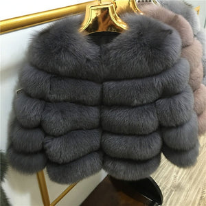 FURSARCAR 2019 Moda Abrigo gris oscuro Corto Abrigo de piel real Mujeres Abrigos de piel de zorro natural Invierno Nueve cuartos Mangas Ropa de abrigo