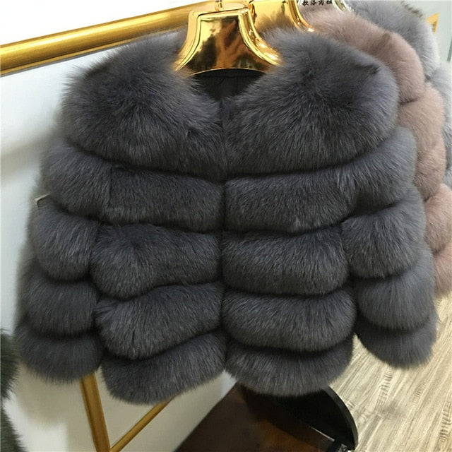 FURSARCAR 2019 Moda Abrigo gris oscuro Corto Abrigo de piel real Mujeres Abrigos de piel de zorro natural Invierno Nueve cuartos Mangas Ropa de abrigo