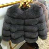 FURSARCAR 2019 Moda Abrigo gris oscuro Corto Abrigo de piel real Mujeres Abrigos de piel de zorro natural Invierno Nueve cuartos Mangas Ropa de abrigo