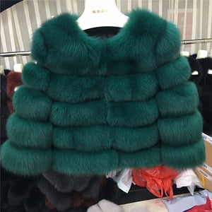 FURSARCAR 2019 Moda Abrigo gris oscuro Corto Abrigo de piel real Mujeres Abrigos de piel de zorro natural Invierno Nueve cuartos Mangas Ropa de abrigo