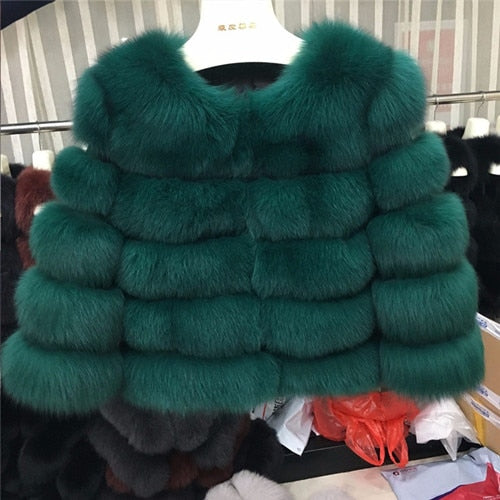 FURSARCAR 2019 Moda Abrigo gris oscuro Corto Abrigo de piel real Mujeres Abrigos de piel de zorro natural Invierno Nueve cuartos Mangas Ropa de abrigo