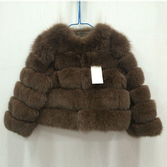 FURSARCAR 2019 Moda Abrigo gris oscuro Corto Abrigo de piel real Mujeres Abrigos de piel de zorro natural Invierno Nueve cuartos Mangas Ropa de abrigo