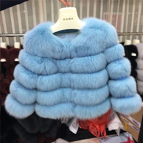 FURSARCAR 2019 Moda Abrigo gris oscuro Corto Abrigo de piel real Mujeres Abrigos de piel de zorro natural Invierno Nueve cuartos Mangas Ropa de abrigo