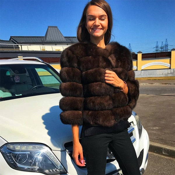 FURSARCAR 2019 Moda Abrigo gris oscuro Corto Abrigo de piel real Mujeres Abrigos de piel de zorro natural Invierno Nueve cuartos Mangas Ropa de abrigo