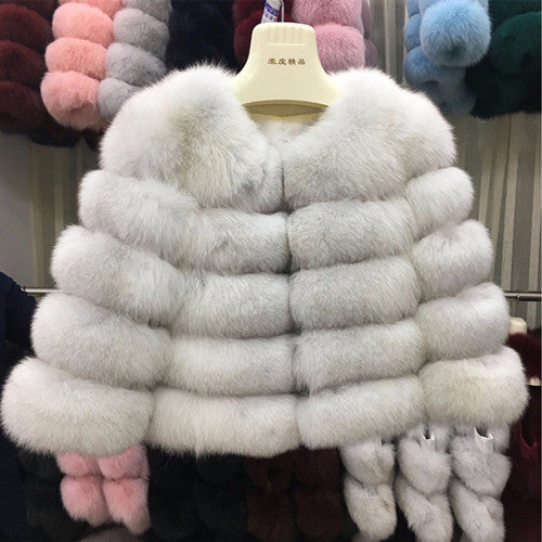 FURSARCAR 2019 Moda Abrigo gris oscuro Corto Abrigo de piel real Mujeres Abrigos de piel de zorro natural Invierno Nueve cuartos Mangas Ropa de abrigo