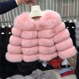 FURSARCAR 2019 Moda Abrigo gris oscuro Corto Abrigo de piel real Mujeres Abrigos de piel de zorro natural Invierno Nueve cuartos Mangas Ropa de abrigo