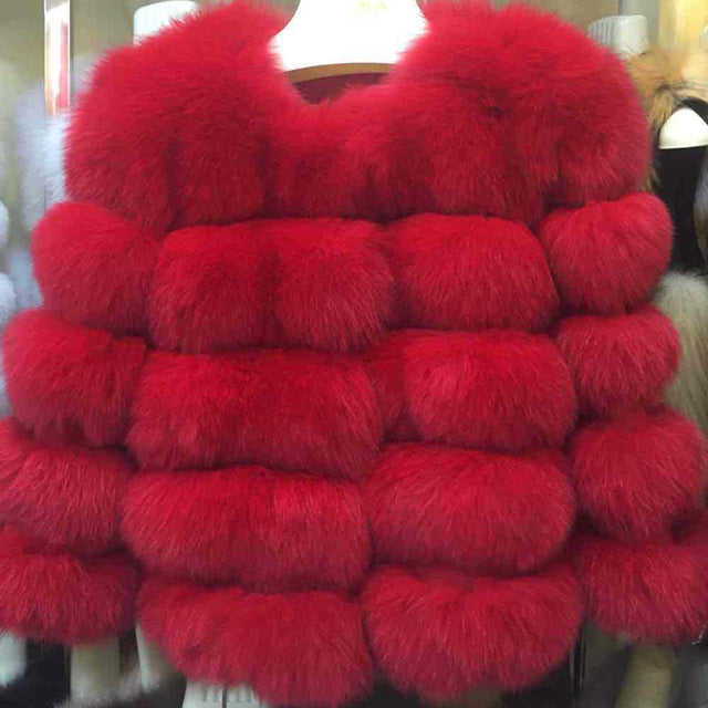 FURSARCAR 2019 Moda Abrigo gris oscuro Corto Abrigo de piel real Mujeres Abrigos de piel de zorro natural Invierno Nueve cuartos Mangas Ropa de abrigo