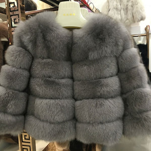 FURSARCAR 2019 Moda Abrigo gris oscuro Corto Abrigo de piel real Mujeres Abrigos de piel de zorro natural Invierno Nueve cuartos Mangas Ropa de abrigo