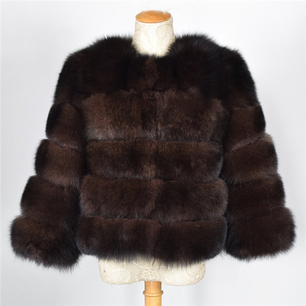 FURSARCAR 2019 Moda Abrigo gris oscuro Corto Abrigo de piel real Mujeres Abrigos de piel de zorro natural Invierno Nueve cuartos Mangas Ropa de abrigo