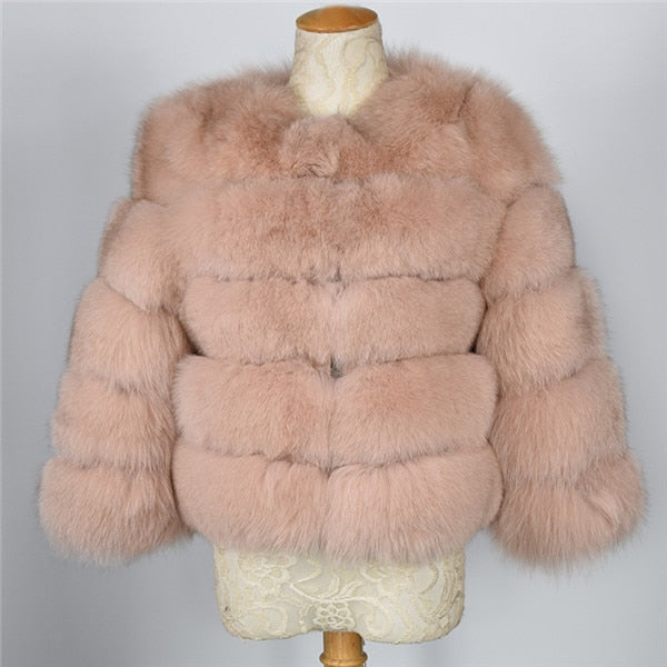 FURSARCAR 2019 Moda Abrigo gris oscuro Corto Abrigo de piel real Mujeres Abrigos de piel de zorro natural Invierno Nueve cuartos Mangas Ropa de abrigo
