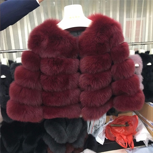 FURSARCAR 2019 Moda Abrigo gris oscuro Corto Abrigo de piel real Mujeres Abrigos de piel de zorro natural Invierno Nueve cuartos Mangas Ropa de abrigo