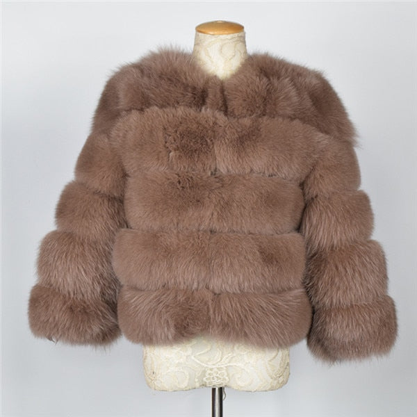 FURSARCAR 2019 Moda Abrigo gris oscuro Corto Abrigo de piel real Mujeres Abrigos de piel de zorro natural Invierno Nueve cuartos Mangas Ropa de abrigo