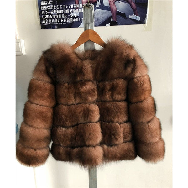 FURSARCAR 2019 Moda Abrigo gris oscuro Corto Abrigo de piel real Mujeres Abrigos de piel de zorro natural Invierno Nueve cuartos Mangas Ropa de abrigo