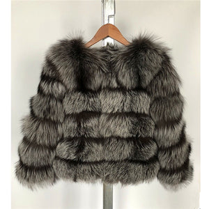 FURSARCAR 2019 Moda Abrigo gris oscuro Corto Abrigo de piel real Mujeres Abrigos de piel de zorro natural Invierno Nueve cuartos Mangas Ropa de abrigo