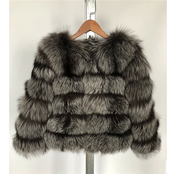 FURSARCAR 2019 Moda Abrigo gris oscuro Corto Abrigo de piel real Mujeres Abrigos de piel de zorro natural Invierno Nueve cuartos Mangas Ropa de abrigo