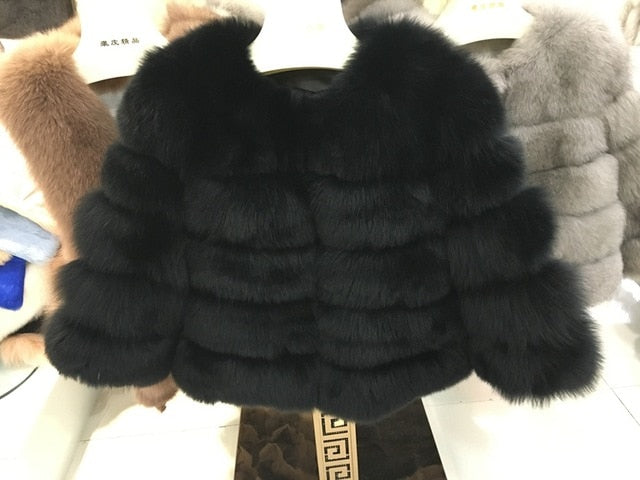 FURSARCAR 2019 Moda Abrigo gris oscuro Corto Abrigo de piel real Mujeres Abrigos de piel de zorro natural Invierno Nueve cuartos Mangas Ropa de abrigo