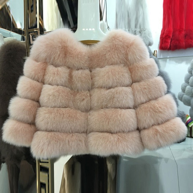 FURSARCAR 2019 Moda Abrigo gris oscuro Corto Abrigo de piel real Mujeres Abrigos de piel de zorro natural Invierno Nueve cuartos Mangas Ropa de abrigo