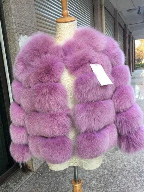 FURSARCAR 2019 Moda Abrigo gris oscuro Corto Abrigo de piel real Mujeres Abrigos de piel de zorro natural Invierno Nueve cuartos Mangas Ropa de abrigo