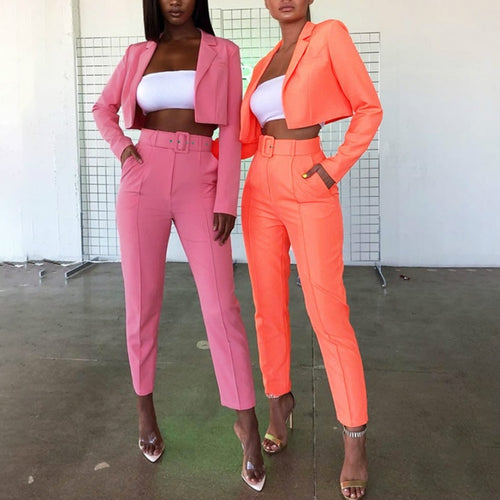 Traje de moda de neón Otoño Nuevas mujeres Conjunto Chic Streetwear con cinturón Chaqueta corta Abrigo Pantalones de cintura alta Mujeres Trajes de dos piezas
