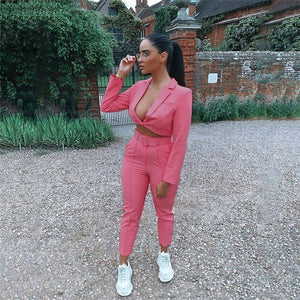 Traje de moda de neón Otoño Nuevas mujeres Conjunto Chic Streetwear con cinturón Chaqueta corta Abrigo Pantalones de cintura alta Mujeres Trajes de dos piezas