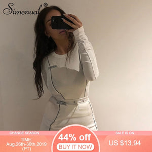 Simenual manera ocasional reflectante de rayas conjuntos de dos piezas de las mujeres de manga larga superior y mini falda Establece 2019 Otoño blanco Conjunto Nuevo