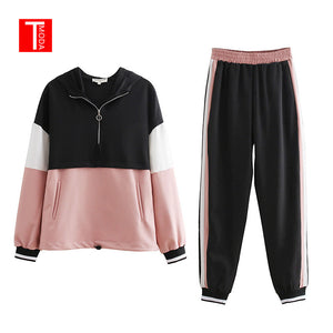2019 Chándal Mujeres Conjunto de dos piezas Trajes para mujeres Chaqueta de costura de color delgado Chaqueta casual y pantalón casual para trotar Traje