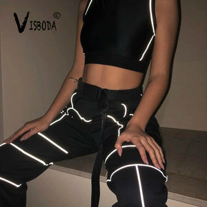Chándal de 2 piezas para mujer Top corto recortado reflectante Pantalones sueltos Conjuntos Moda Mujer Brillo Negro Camiseta sin mangas y pantalón Chandal Mujer