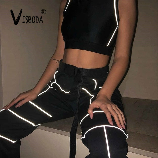 Chándal de 2 piezas para mujer Top corto recortado reflectante Pantalones sueltos Conjuntos Moda Mujer Brillo Negro Camiseta sin mangas y pantalón Chandal Mujer