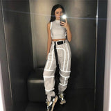 Chándal de 2 piezas para mujer Top corto recortado reflectante Pantalones sueltos Conjuntos Moda Mujer Brillo Negro Camiseta sin mangas y pantalón Chandal Mujer